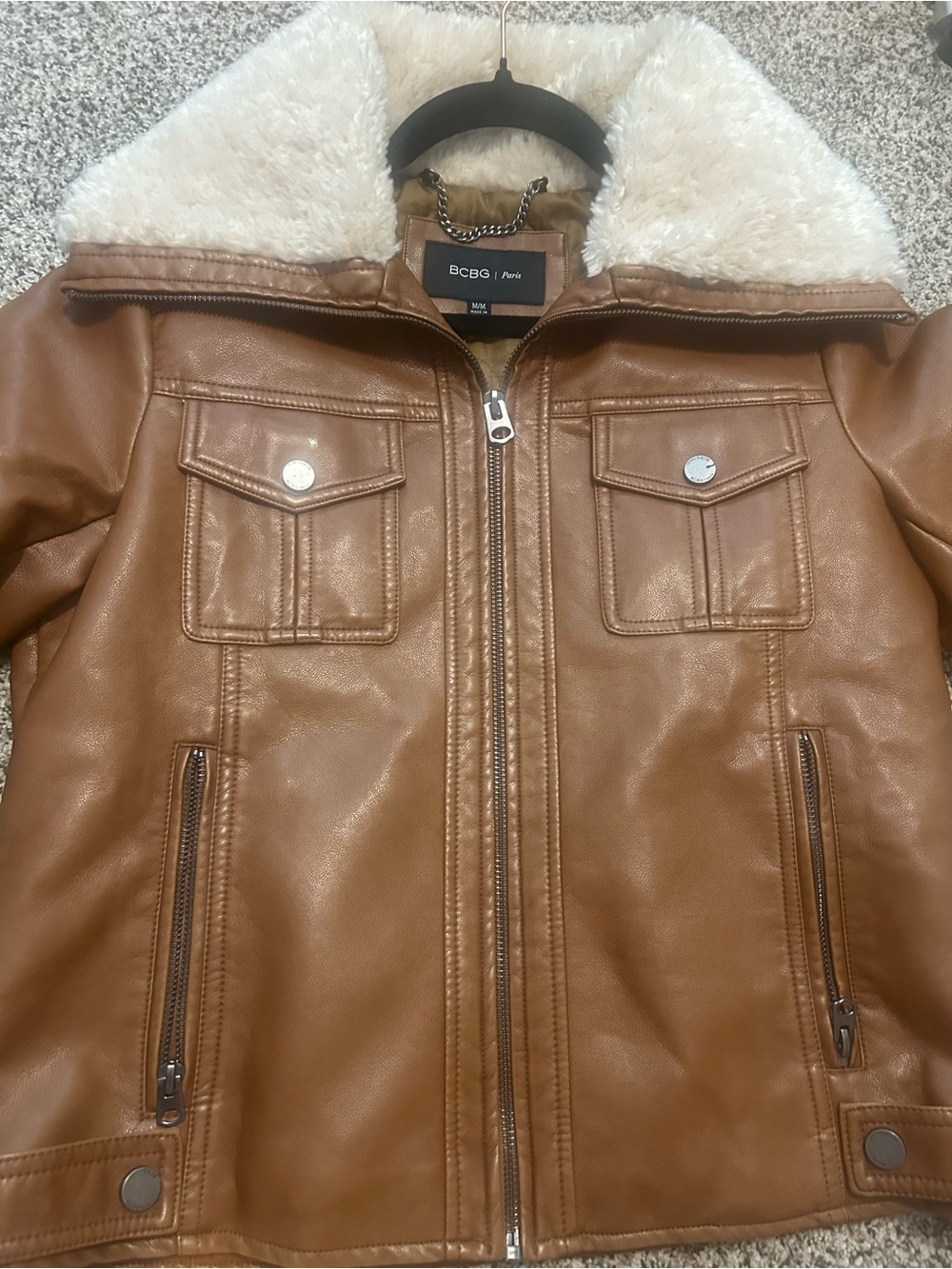 BCBG Tan Faux-Leather Moto Jacket with Cream Sherpa Collar - Picture 10 of 15
